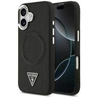 Guess Nakładka Magsafe PU Leather Case With Triangle Logo Silver Metal Camera Frame Do iPhone 17 Czarna