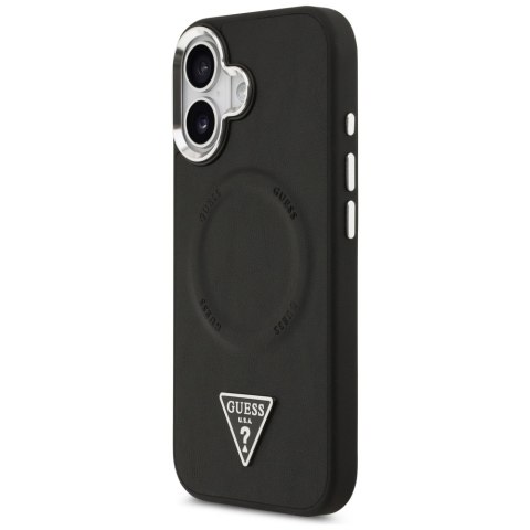 Guess Nakładka Magsafe PU Leather Case With Triangle Logo Silver Metal Camera Frame Do iPhone 17 Czarna