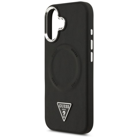 Guess Nakładka Magsafe PU Leather Case With Triangle Logo Silver Metal Camera Frame Do iPhone 17 Czarna