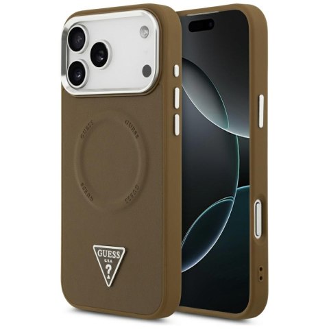 Guess Nakładka Magsafe PU Leather Case With Triangle Logo Silver Metal Camera Frame Do iPhone 17 Pro Brązowa