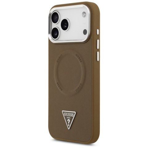 Guess Nakładka Magsafe PU Leather Case With Triangle Logo Silver Metal Camera Frame Do iPhone 17 Pro Brązowa