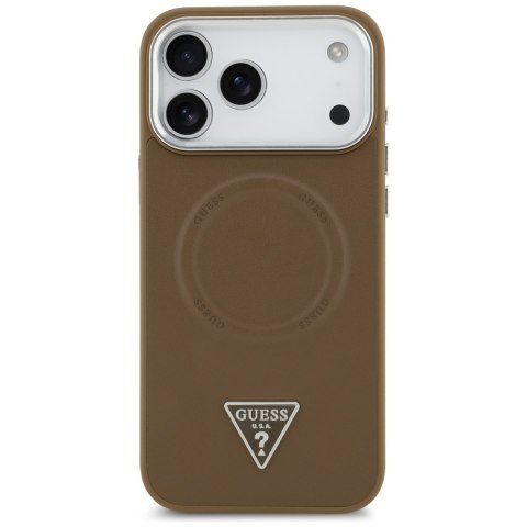 Guess Nakładka Magsafe PU Leather Case With Triangle Logo Silver Metal Camera Frame Do iPhone 17 Pro Brązowa
