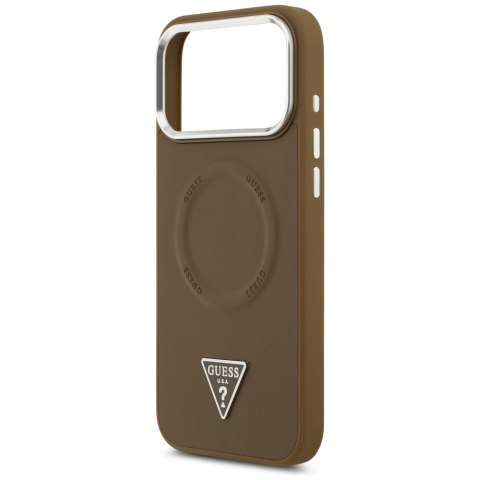 Guess Nakładka Magsafe PU Leather Case With Triangle Logo Silver Metal Camera Frame Do iPhone 17 Pro Brązowa