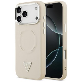 Guess Nakładka Magsafe PU Leather Case With Triangle Logo Silver Metal Camera Frame Do iPhone 17 Pro Max Beżowa