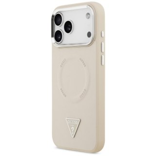 Guess Nakładka Magsafe PU Leather Case With Triangle Logo Silver Metal Camera Frame Do iPhone 17 Pro Max Beżowa