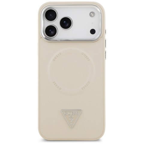 Guess Nakładka Magsafe PU Leather Case With Triangle Logo Silver Metal Camera Frame Do iPhone 17 Pro Max Beżowa