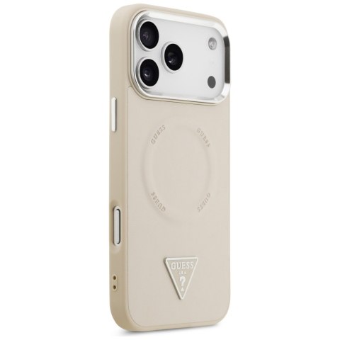 Guess Nakładka Magsafe PU Leather Case With Triangle Logo Silver Metal Camera Frame Do iPhone 17 Pro Max Beżowa