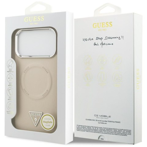 Guess Nakładka Magsafe PU Leather Case With Triangle Logo Silver Metal Camera Frame Do iPhone 17 Pro Max Beżowa