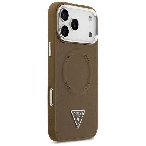 Guess Nakładka Magsafe PU Leather Case With Triangle Logo Silver Metal Camera Frame Do iPhone 17 Pro Max Brązowa