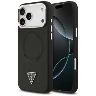 Guess Nakładka Magsafe PU Leather Case With Triangle Logo Silver Metal Camera Frame Do iPhone 17 Pro Max Czarna
