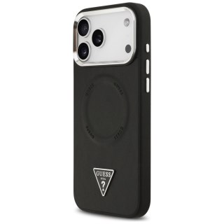 Guess Nakładka Magsafe PU Leather Case With Triangle Logo Silver Metal Camera Frame Do iPhone 17 Pro Max Czarna