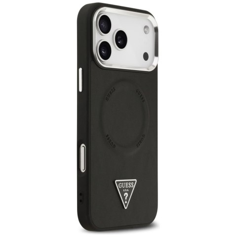 Guess Nakładka Magsafe PU Leather Case With Triangle Logo Silver Metal Camera Frame Do iPhone 17 Pro Max Czarna
