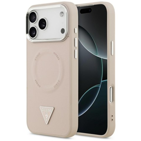 Guess Nakładka Magsafe PU Leather Case With Triangle Logo Silver Metal Camera Frame Do iPhone 17 Pro Różowa