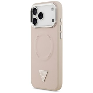 Guess Nakładka Magsafe PU Leather Case With Triangle Logo Silver Metal Camera Frame Do iPhone 17 Pro Różowa