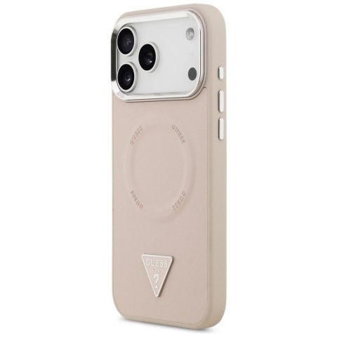 Guess Nakładka Magsafe PU Leather Case With Triangle Logo Silver Metal Camera Frame Do iPhone 17 Pro Różowa