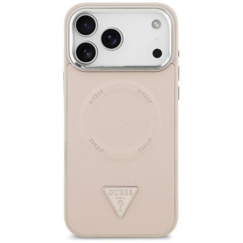 Guess Nakładka Magsafe PU Leather Case With Triangle Logo Silver Metal Camera Frame Do iPhone 17 Pro Różowa