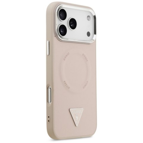 Guess Nakładka Magsafe PU Leather Case With Triangle Logo Silver Metal Camera Frame Do iPhone 17 Pro Różowa