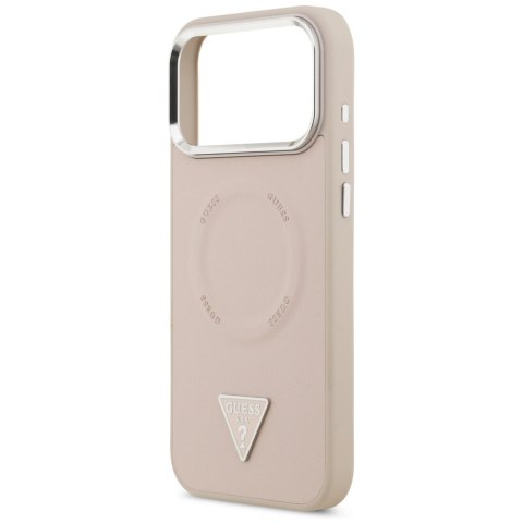 Guess Nakładka Magsafe PU Leather Case With Triangle Logo Silver Metal Camera Frame Do iPhone 17 Pro Różowa