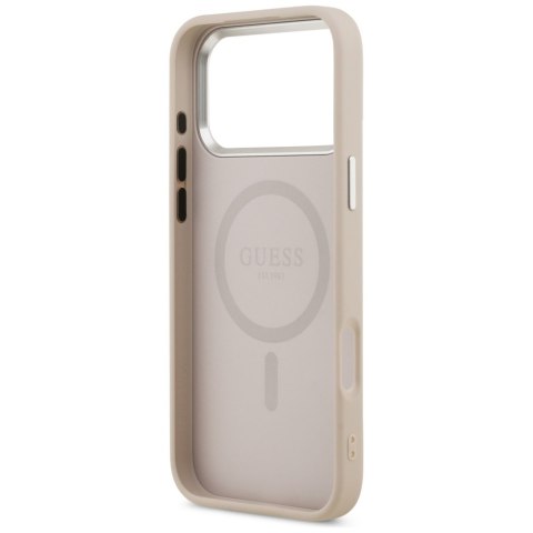 Guess Nakładka Magsafe PU Leather Case With Triangle Logo Silver Metal Camera Frame Do iPhone 17 Pro Różowa