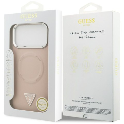 Guess Nakładka Magsafe PU Leather Case With Triangle Logo Silver Metal Camera Frame Do iPhone 17 Pro Różowa