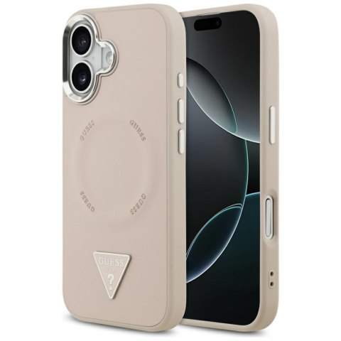 Guess Nakładka Magsafe PU Leather Case With Triangle Logo Silver Metal Camera Frame Do iPhone 17 Różowa