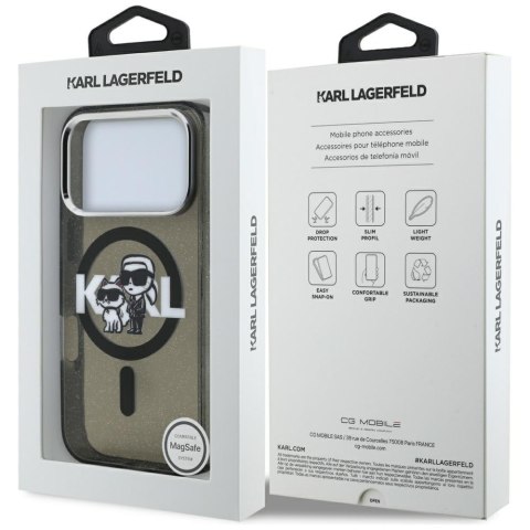 Karl Lagerfeld nakładka Magsafe IML glitter case metal camera frame and buttons Karl and Choupette sketch logo do iPhone 17 Pro 
