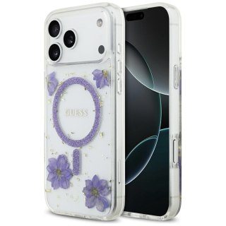Guess nakładka Resin Flowers Glitter MagSafe do iPhone 17 Pro Max fioletowa