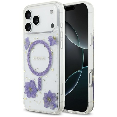 Guess nakładka Resin Flowers Glitter MagSafe do iPhone 17 Pro Max fioletowa
