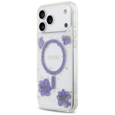 Guess nakładka Resin Flowers Glitter MagSafe do iPhone 17 Pro Max fioletowa
