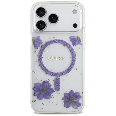 Guess nakładka Resin Flowers Glitter MagSafe do iPhone 17 Pro Max fioletowa