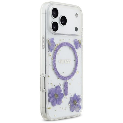Guess nakładka Resin Flowers Glitter MagSafe do iPhone 17 Pro Max fioletowa