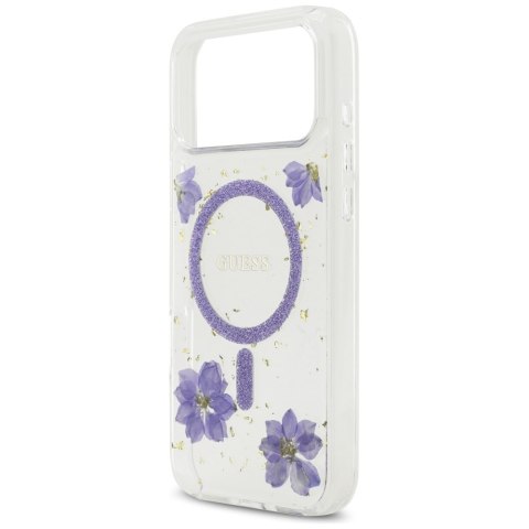 Guess nakładka Resin Flowers Glitter MagSafe do iPhone 17 Pro Max fioletowa