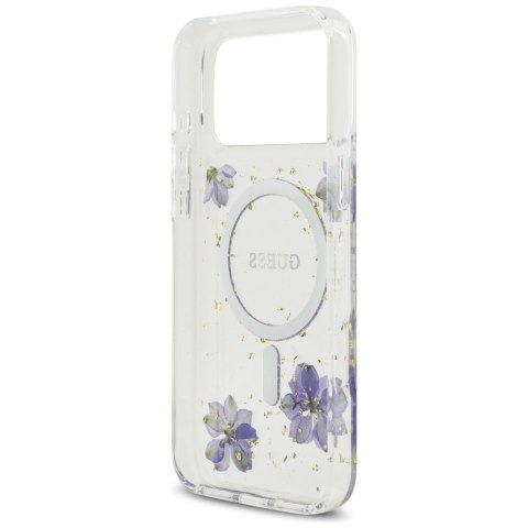 Guess nakładka Resin Flowers Glitter MagSafe do iPhone 17 Pro Max fioletowa