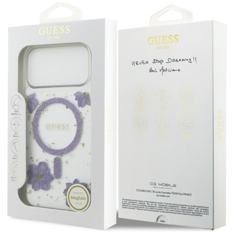 Guess nakładka Resin Flowers Glitter MagSafe do iPhone 17 Pro Max fioletowa