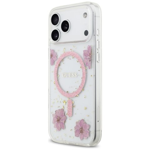 Guess nakładka Resin Flowers Glitter MagSafe do iPhone 17 Pro Max różowa