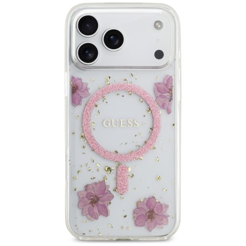 Guess nakładka Resin Flowers Glitter MagSafe do iPhone 17 Pro Max różowa