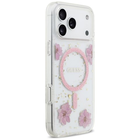 Guess nakładka Resin Flowers Glitter MagSafe do iPhone 17 Pro Max różowa