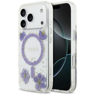 Guess nakładka Resin Flowers Glitter MagSafe do iPhone 17 Pro fioletowa