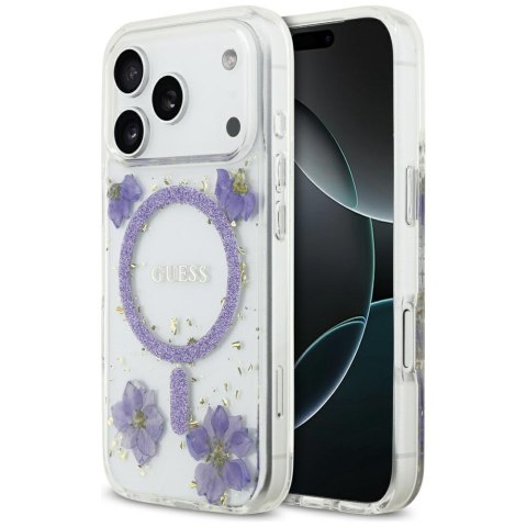 Guess nakładka Resin Flowers Glitter MagSafe do iPhone 17 Pro fioletowa
