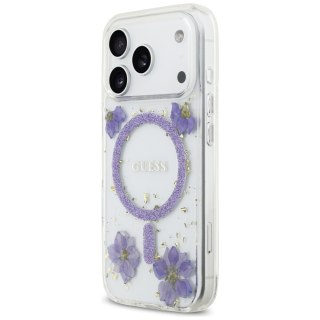 Guess nakładka Resin Flowers Glitter MagSafe do iPhone 17 Pro fioletowa