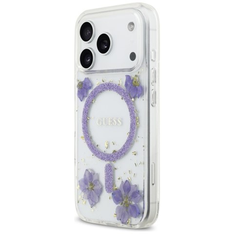 Guess nakładka Resin Flowers Glitter MagSafe do iPhone 17 Pro fioletowa