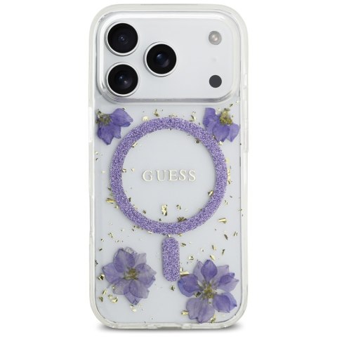 Guess nakładka Resin Flowers Glitter MagSafe do iPhone 17 Pro fioletowa