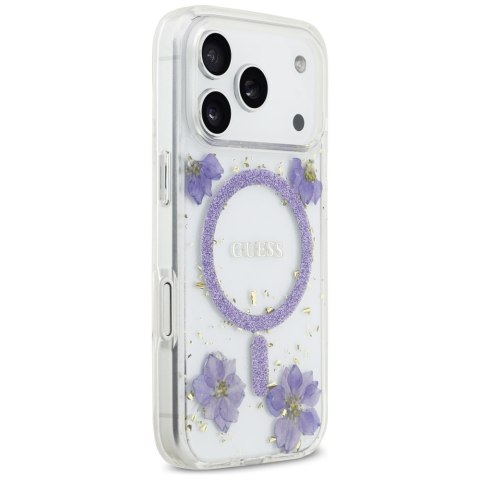 Guess nakładka Resin Flowers Glitter MagSafe do iPhone 17 Pro fioletowa