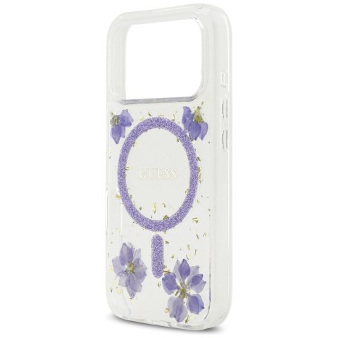 Guess nakładka Resin Flowers Glitter MagSafe do iPhone 17 Pro fioletowa