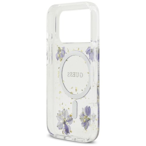 Guess nakładka Resin Flowers Glitter MagSafe do iPhone 17 Pro fioletowa