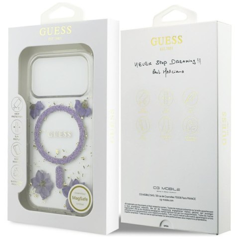 Guess nakładka Resin Flowers Glitter MagSafe do iPhone 17 Pro fioletowa