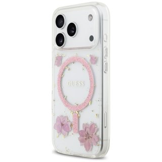 Guess nakładka Resin Flowers Glitter MagSafe do iPhone 17 Pro różowa