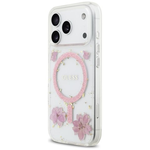 Guess nakładka Resin Flowers Glitter MagSafe do iPhone 17 Pro różowa