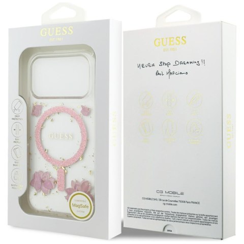 Guess nakładka Resin Flowers Glitter MagSafe do iPhone 17 Pro różowa