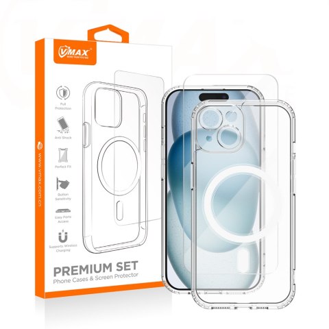 Vmax zestaw nakładka Mag + szkło 2,5D premium do iPhone 15 6,1" Vmax zestaw nakładka Mag + szkło 2,5D premium do iPhone 15 6,1"